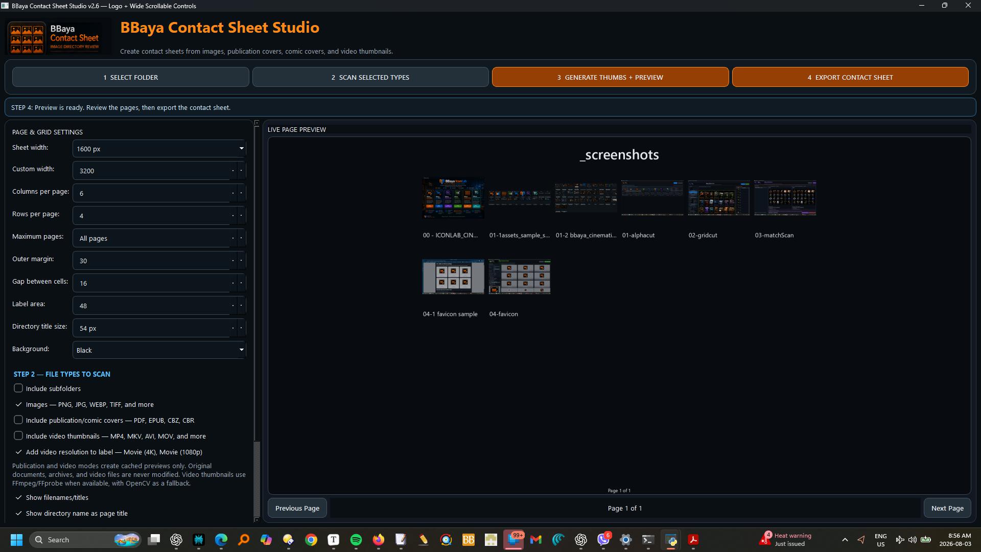 BBaya Contact Sheet program interface