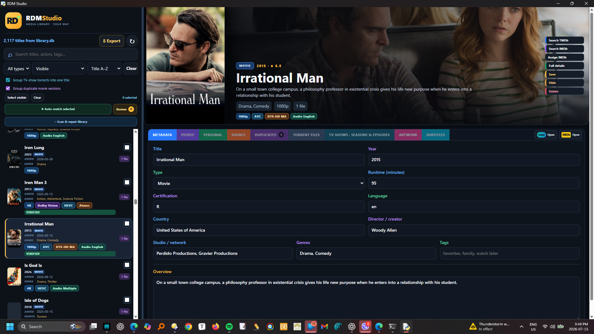 RDM PlayStudio advanced editor with movie artwork, technical badges and editable metadata