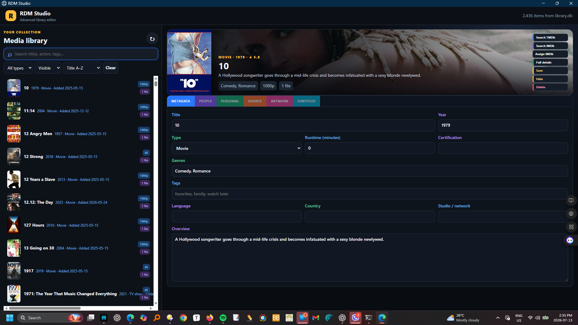 RDM PlayStudio editor with poster, fanart and two-column metadata layout