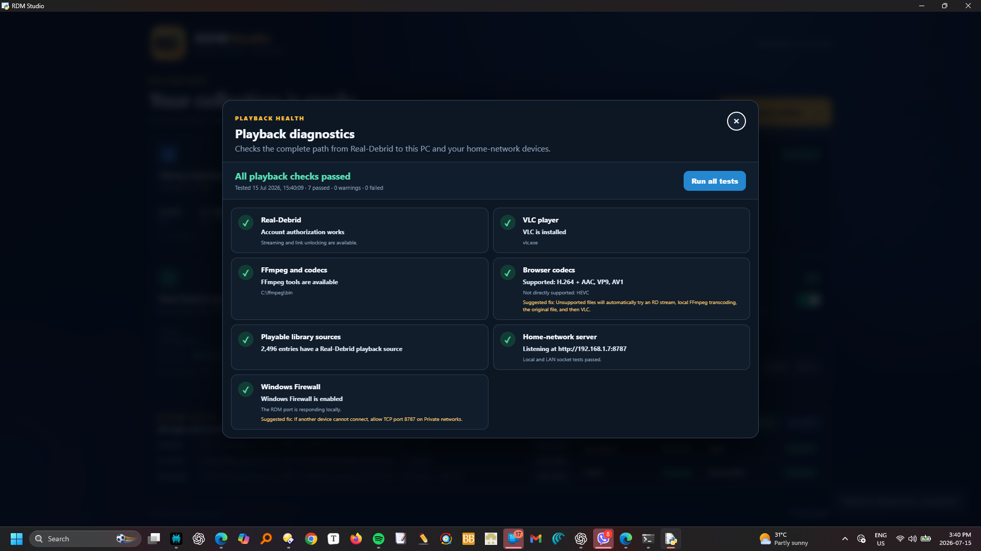 Playback diagnostics showing successful Real-Debrid, VLC, FFmpeg and network tests