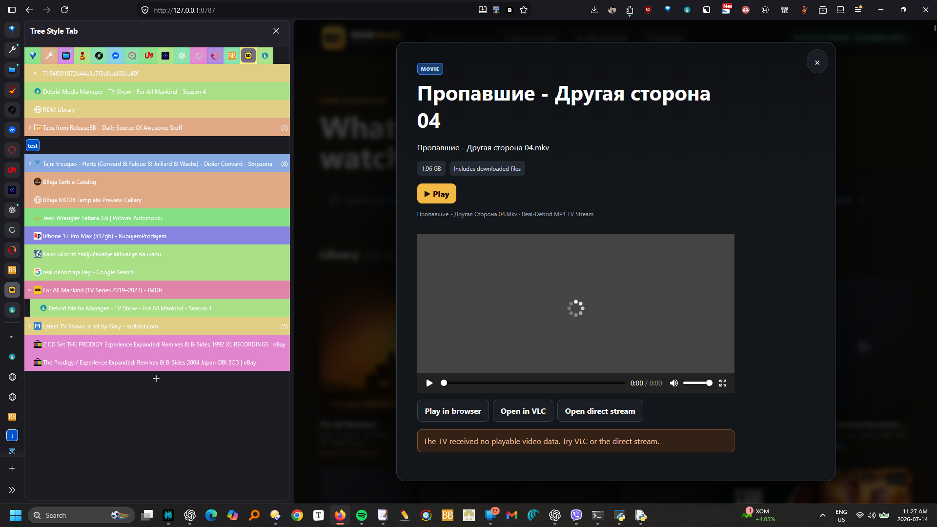 RDM PlayStudio playback dialog with browser, VLC and direct stream choices