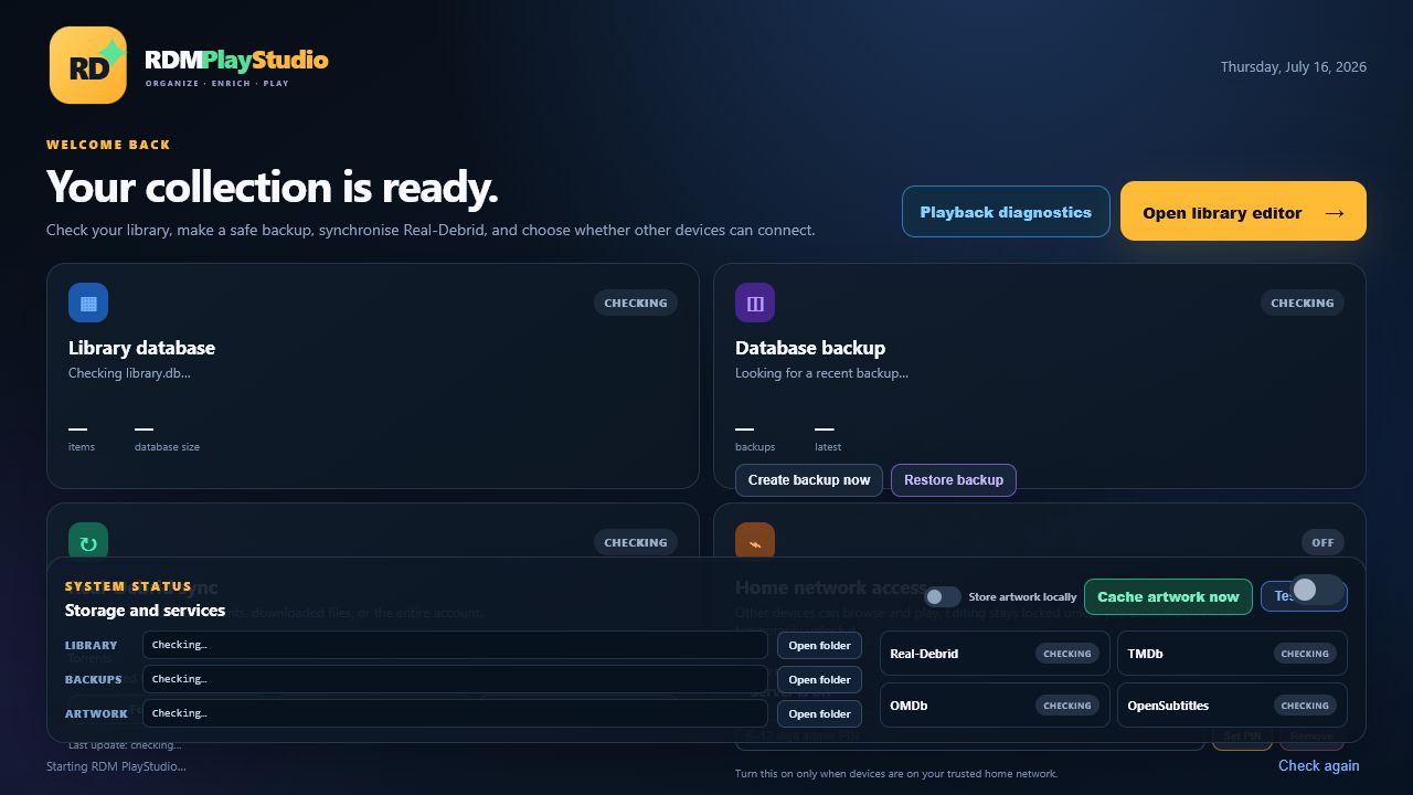 RDM PlayStudio startup dashboard showing database, backups, Real-Debrid sync and network access