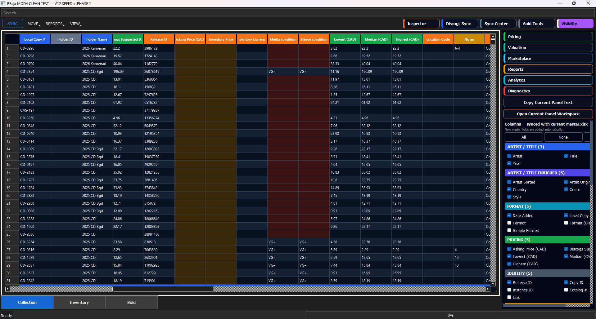 MOD4 flexible Visibility panel with grouped master columns for artist, format, pricing and identity